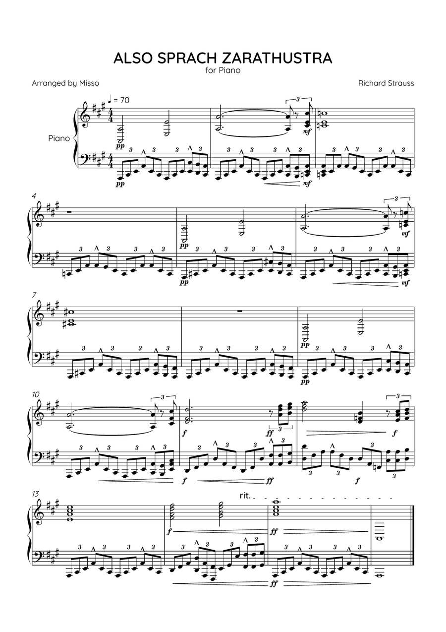Also Sprach Zarathustra - Piano Solo in A Major - Intermediate Level - Sheet Music Easy Piano scores gallery preview page 1