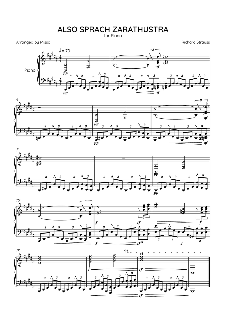 Also Sprach Zarathustra - Piano Solo in B Major - Intermediate Level-Sheet Music Easy Piano scores gallery preview page 1