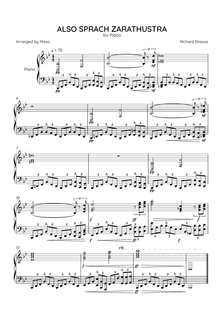 Also Sprach Zarathustra - Piano Solo in Bb Major - Intermediate Level - Sheet Music Easy Piano scores gallery preview page 1