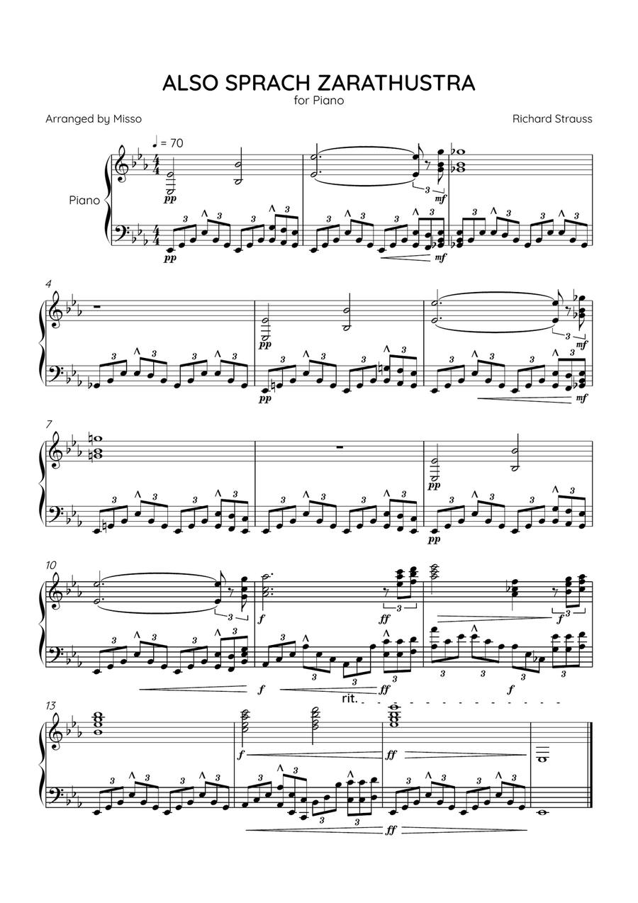 Also Sprach Zarathustra - Piano Solo in Eb Major - Intermediate Level - Sheet Music Easy Piano scores gallery preview page 1