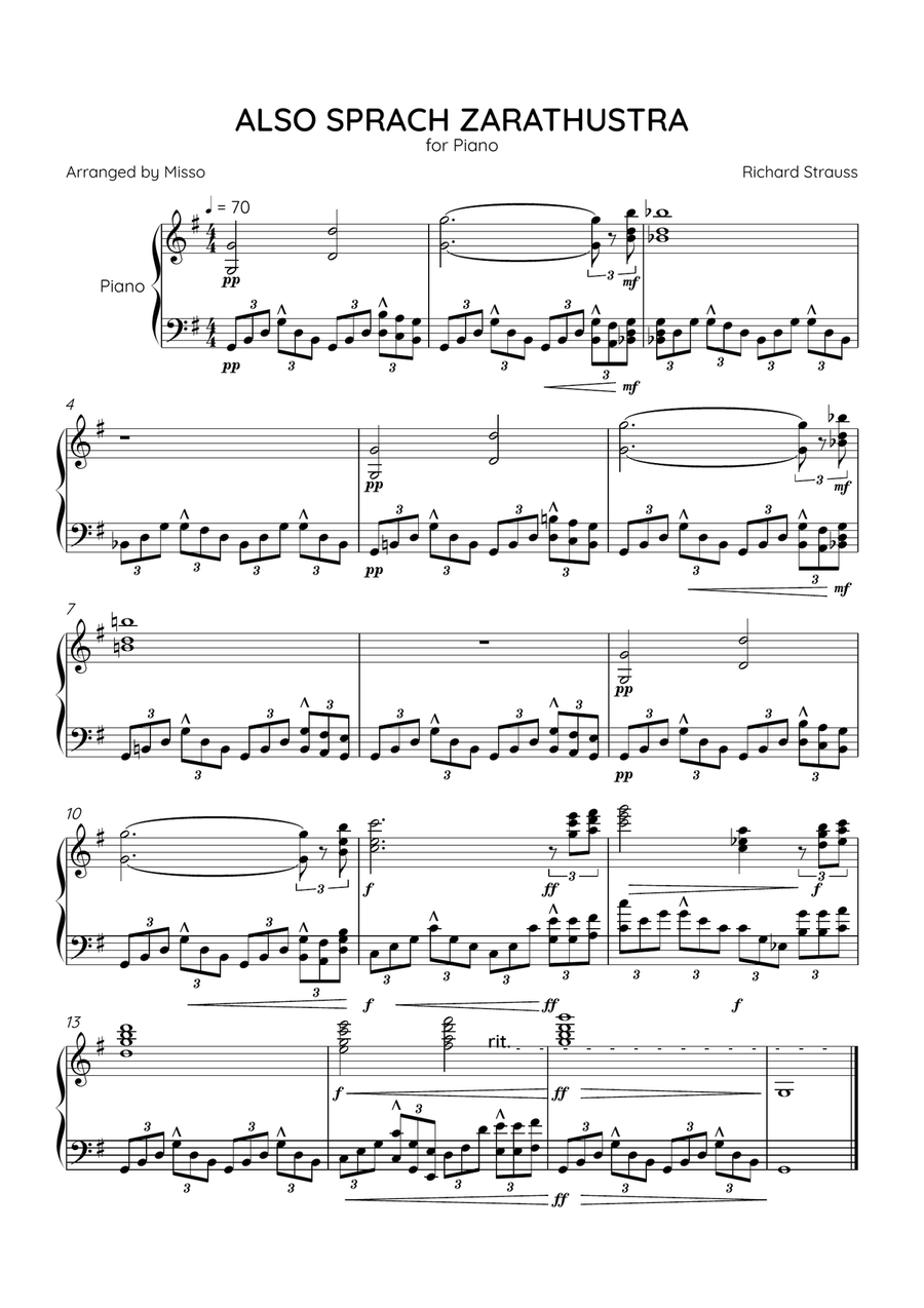 Also Sprach Zarathustra - Piano Solo in G Major - Intermediate Level - Sheet Music Easy Piano scores gallery preview page 1