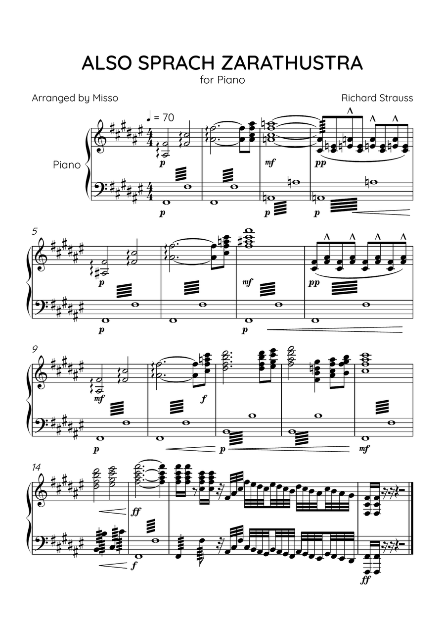 Also Sprach Zarathustra - Piano Solo in F# Major - Advanced Level - Sheet Music Piano Solo scores gallery preview page 1