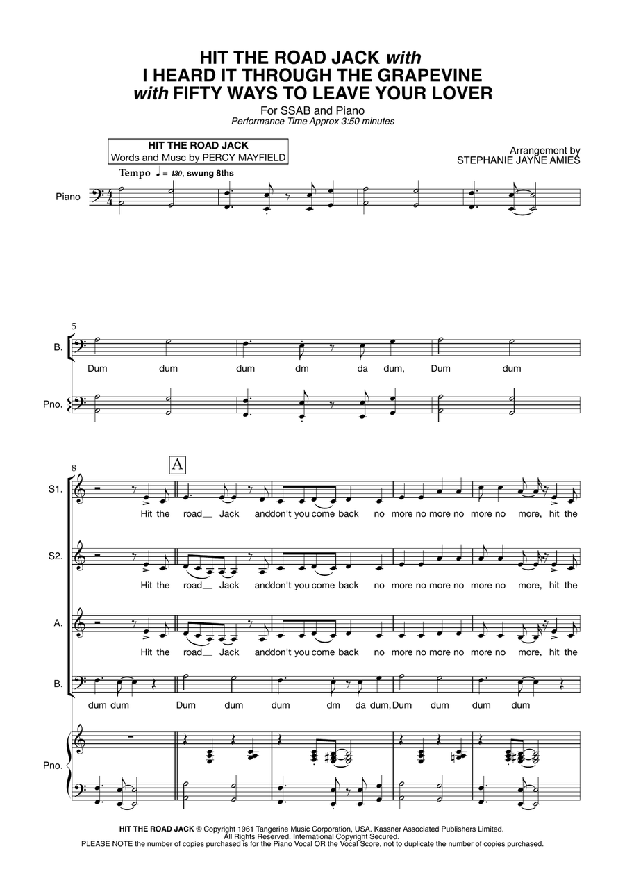 Medley: Hit The Road Jack with I Heard It Through The Grapevine and Fifty Ways To Leave Your Lover Choir scores gallery preview page 1
