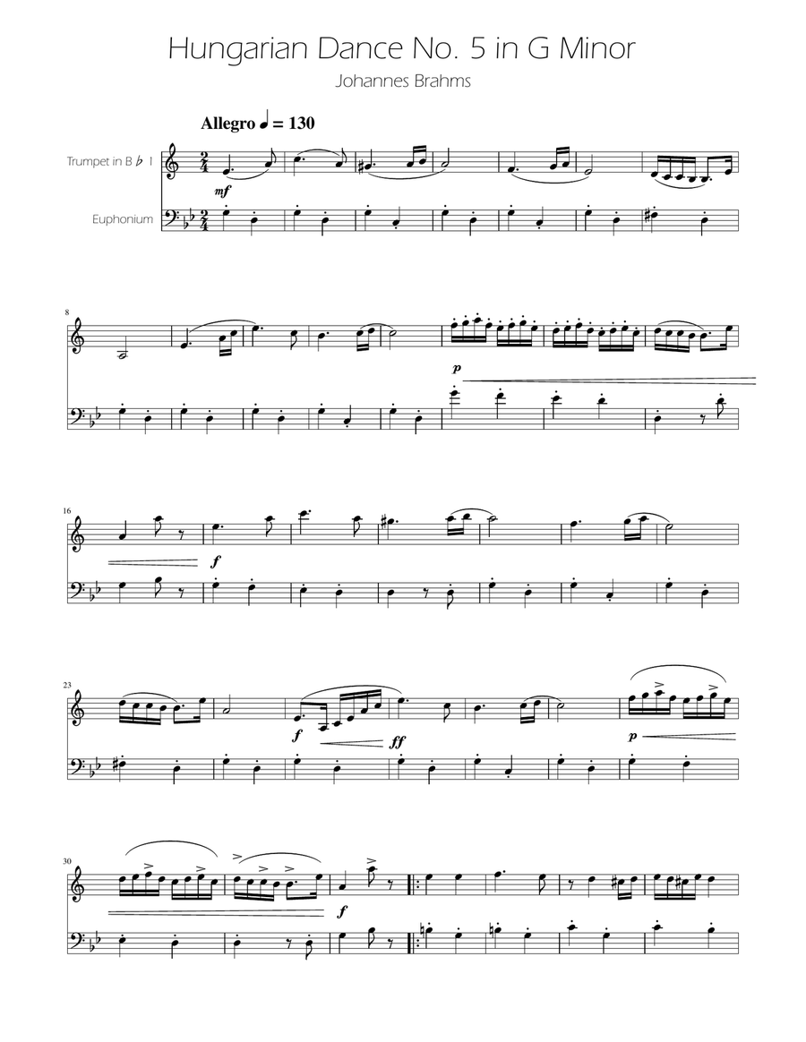 Hungarian Dance No. 5 - Trumpet and Euphonium Duet Brass Duet scores gallery preview page 1