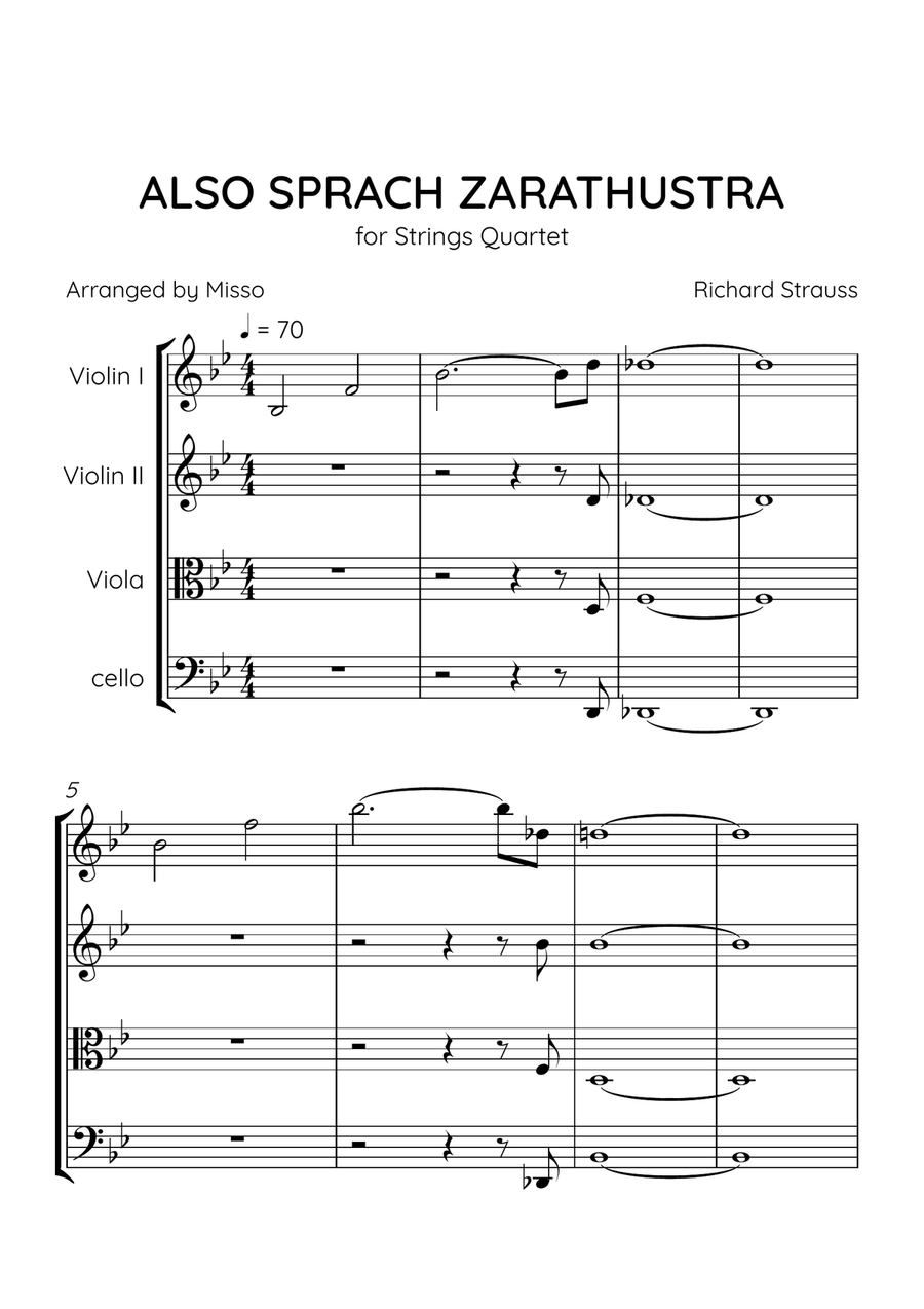 Also Sprach Zarathustra - Strings Quartet in Bb Major - Beginner Level - Sheet Music String Quartet scores gallery preview page 1