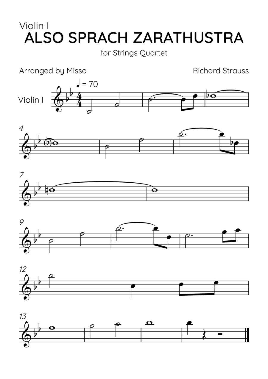 Also Sprach Zarathustra - Strings Quartet in Bb Major - Beginner Level - Sheet Music String Quartet scores gallery preview page 3