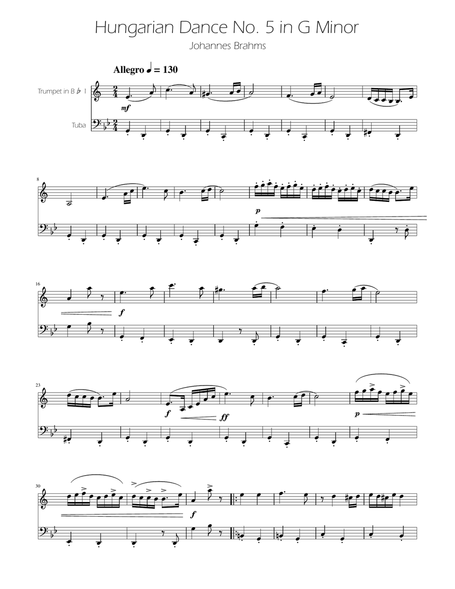 Hungarian Dance No. 5 - Trumpet and Tuba Duet Brass Duet scores gallery preview page 1