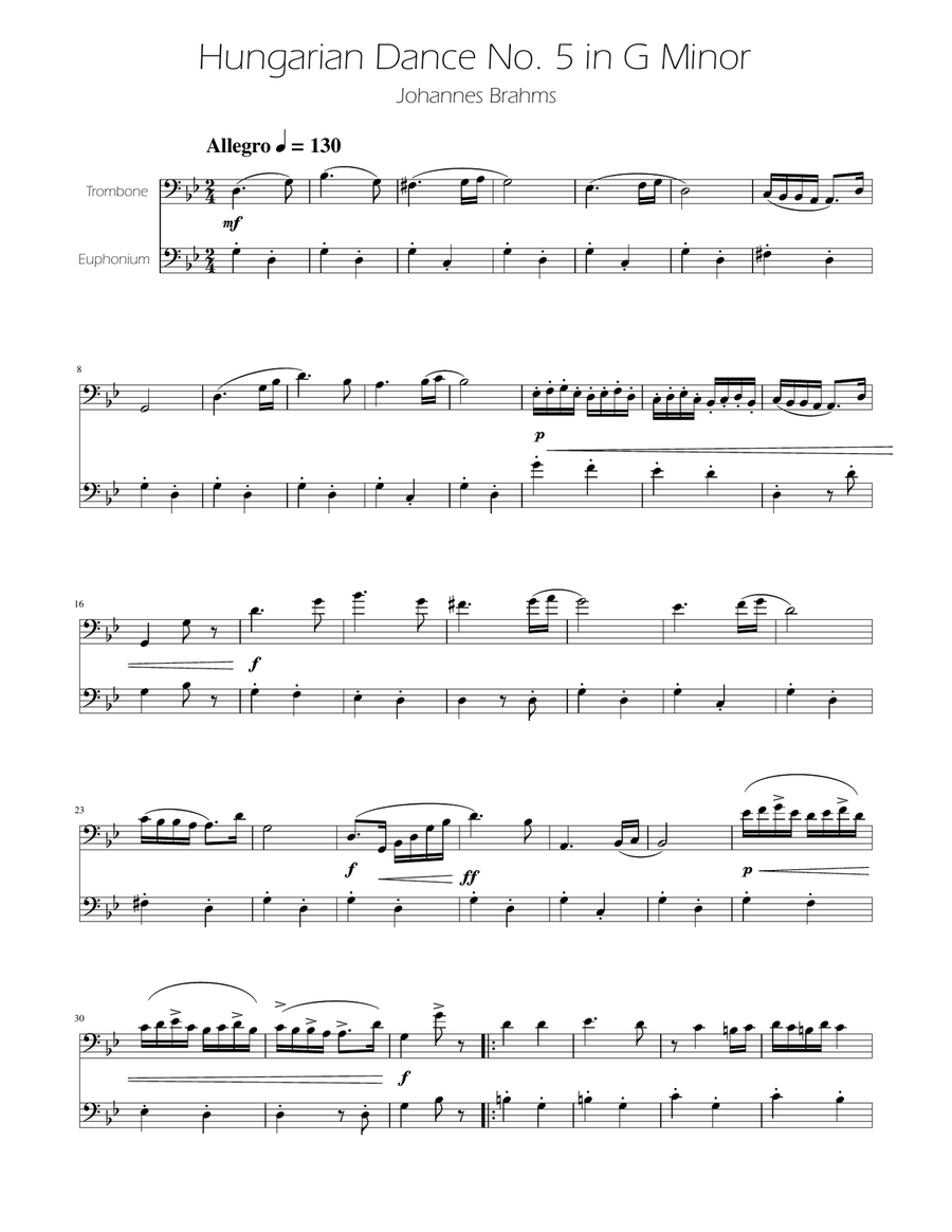 Hungarian Dance No. 5 - Trombone and Euphonium Duet Brass Duet scores gallery preview page 1