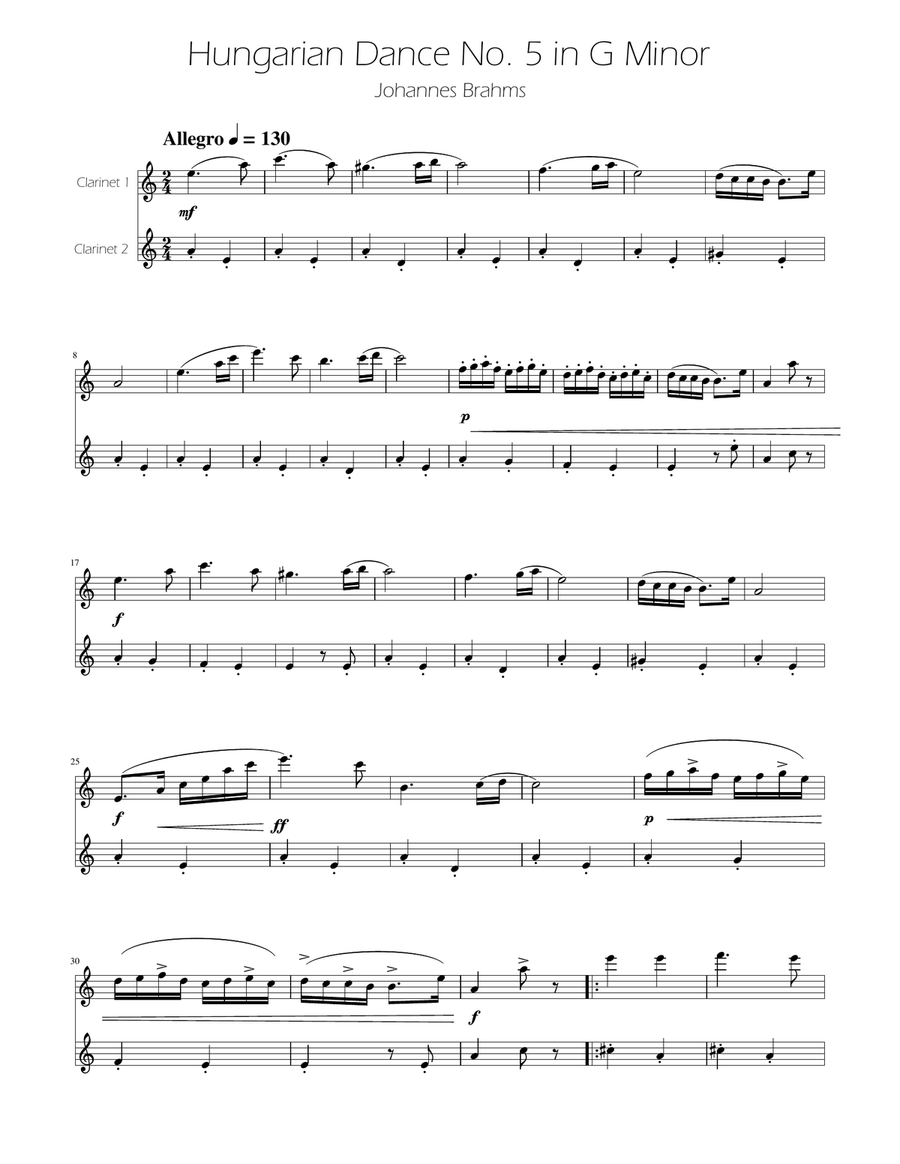 Hungarian Dance No. 5 - Clarinet Duet Clarinet Duet scores gallery preview page 1