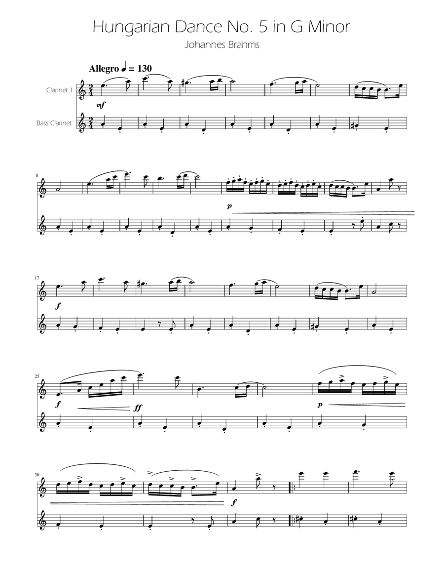 Hungarian Dance No. 5 - Clarinet and Bass Clarinet Duet Clarinet Duet scores gallery preview page 1