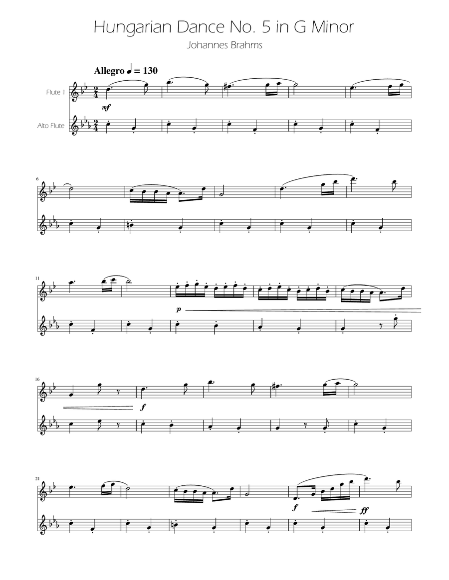 Hungarian Dance No. 5 - Flute and Alto Flute Duet Flute Duet scores gallery preview page 1