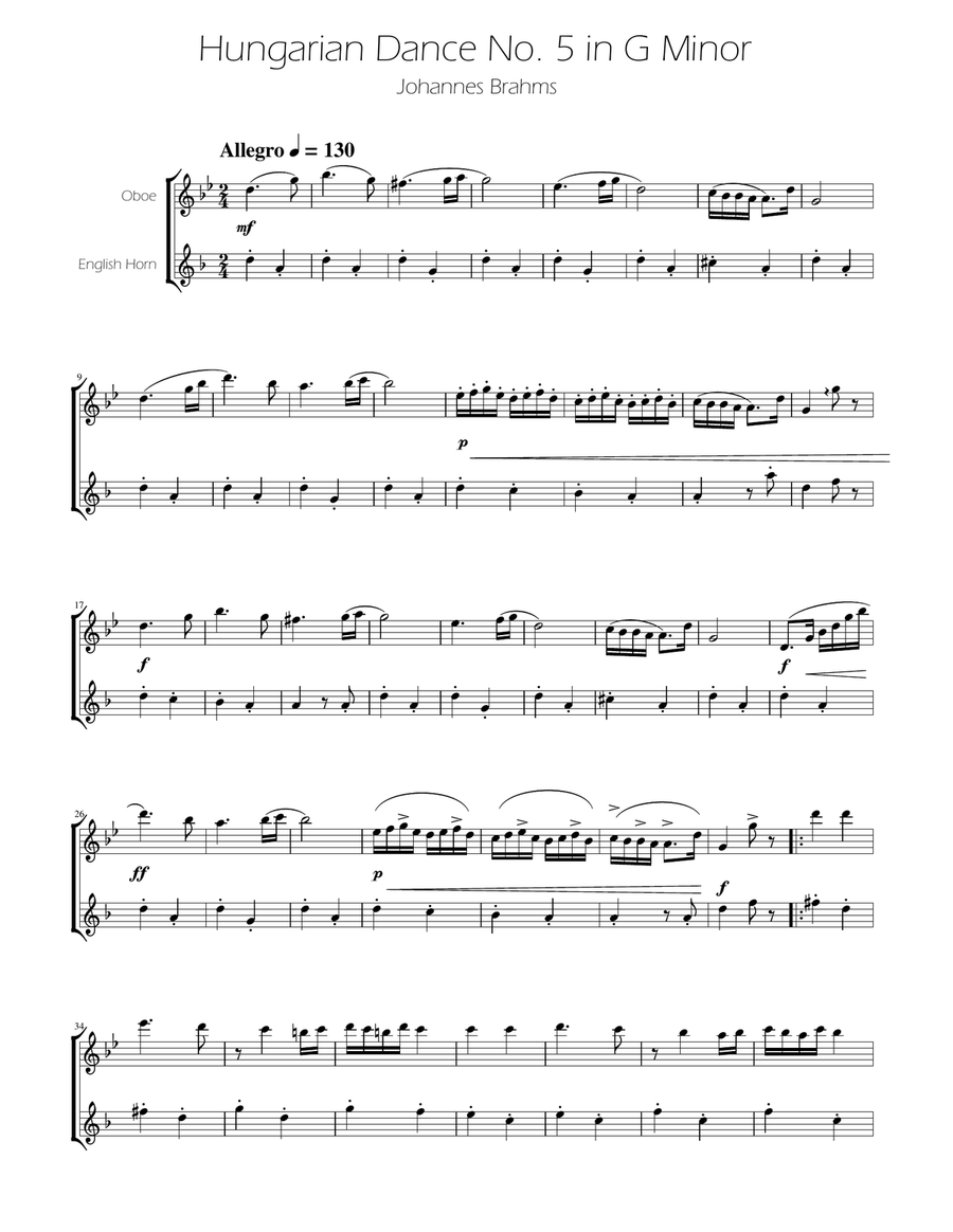Hungarian Dance No. 5 - Oboe and English Horn Duet Woodwind Duet scores gallery preview page 1