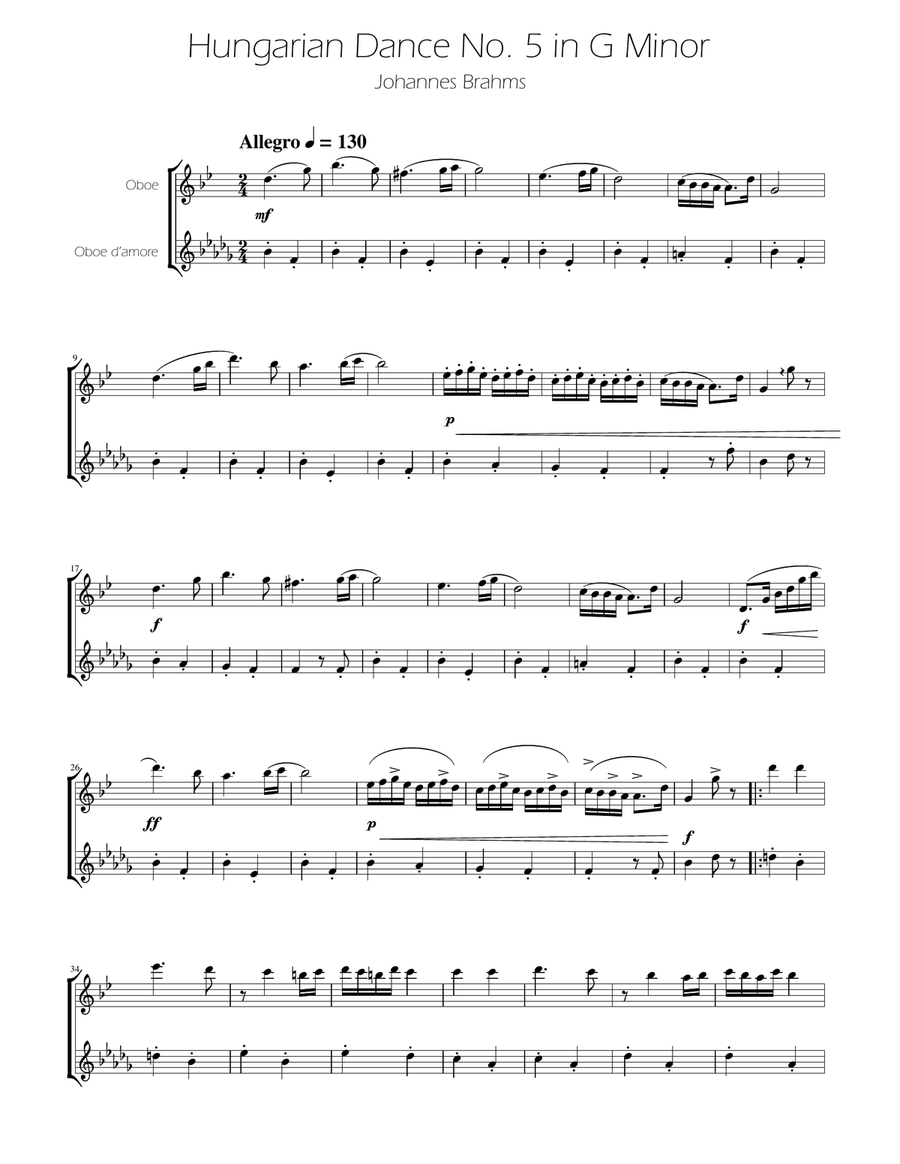 Hungarian Dance No. 5 - Oboe and Oboe D'amore Duet Woodwind Duet scores gallery preview page 1