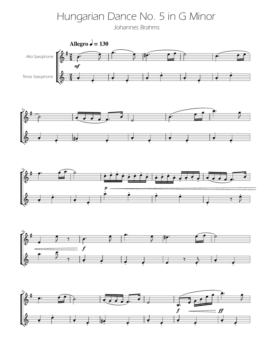 Hungarian Dance No. 5 - Sax Duet AT Woodwind Duet scores gallery preview page 1