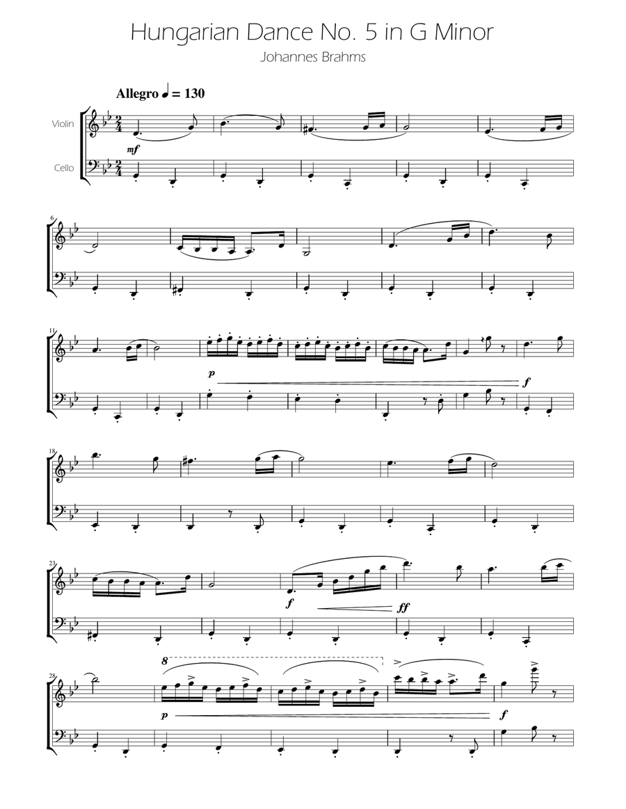 Hungarian Dance No. 5 - Violin and Cello Duet String Duet scores gallery preview page 1