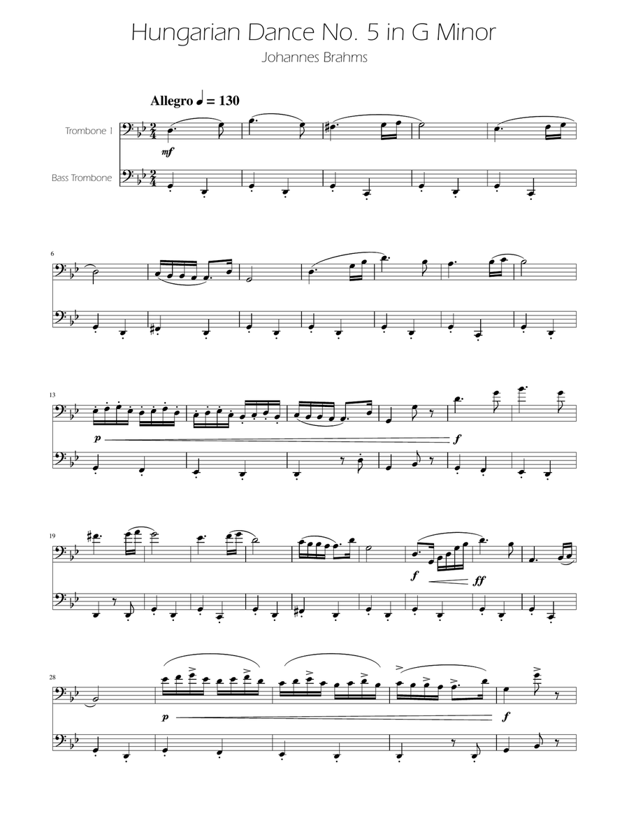 Hungarian Dance No. 5 - Trombone and Bass Trombone Duet Trombone Duet scores gallery preview page 1