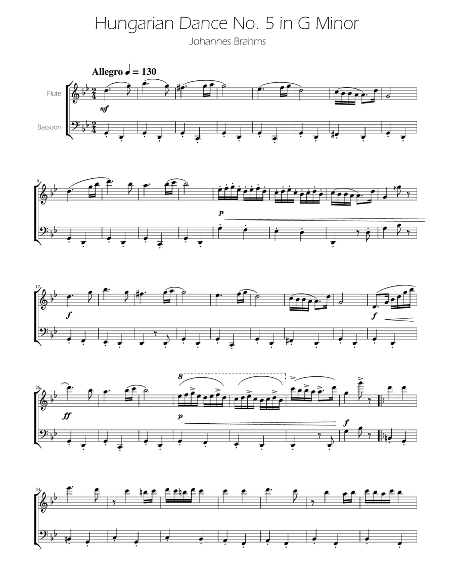 Hungarian Dance No. 5 - Flute and Bassoon Duet Woodwind Duet scores gallery preview page 1