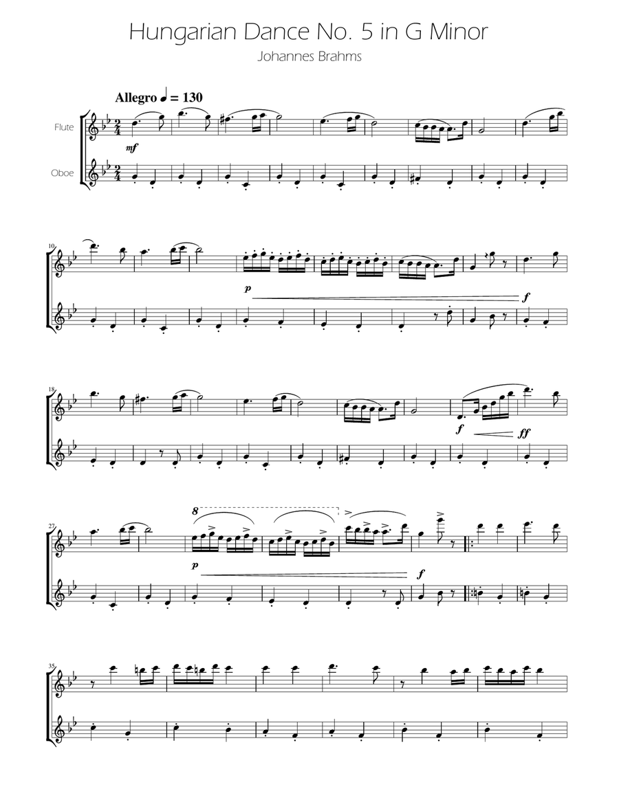 Hungarian Dance No. 5 - Flute and Oboe Duet Woodwind Duet scores gallery preview page 1