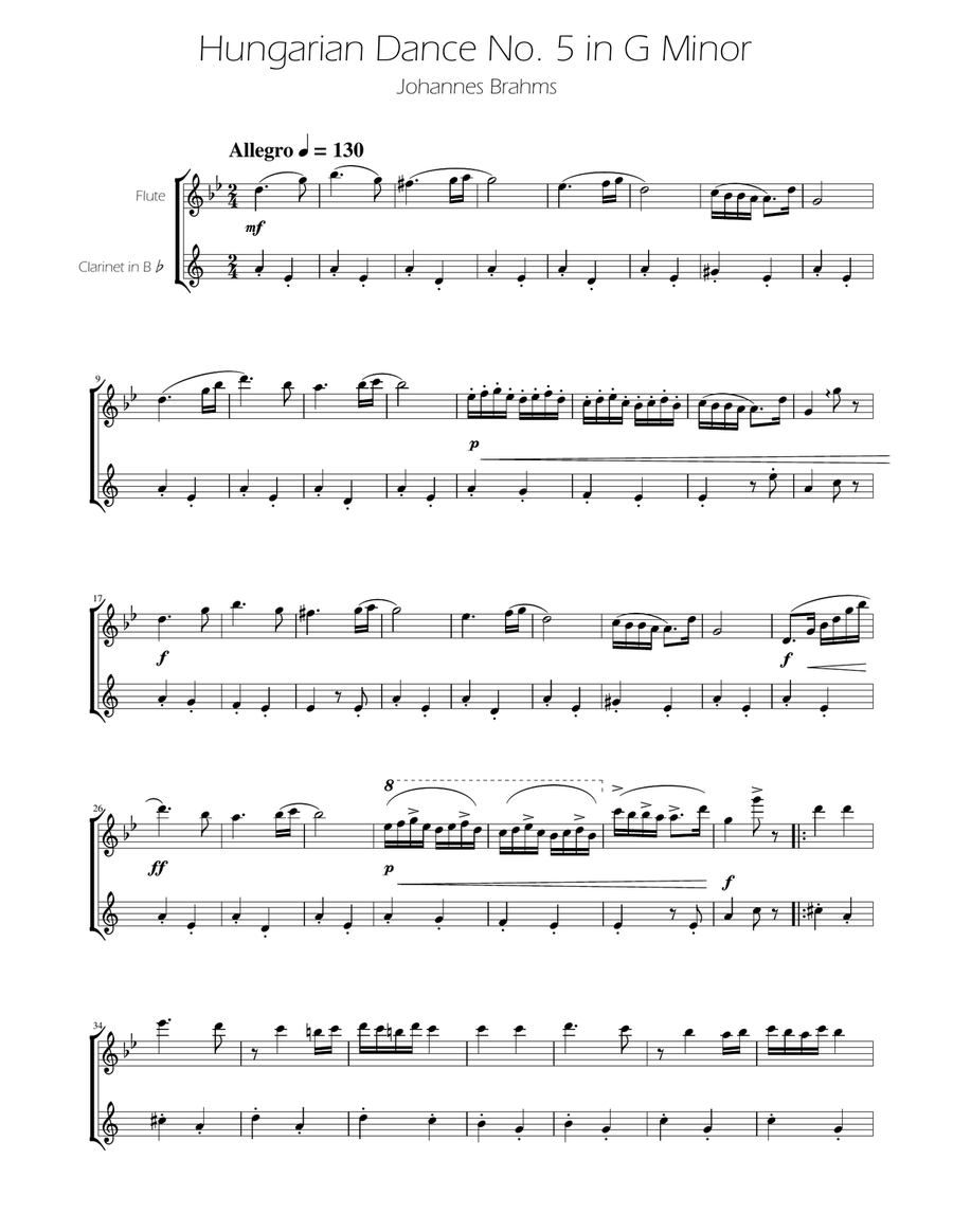 Hungarian Dance No. 5 - Flute and Clarinet Duet Woodwind Duet scores gallery preview page 1