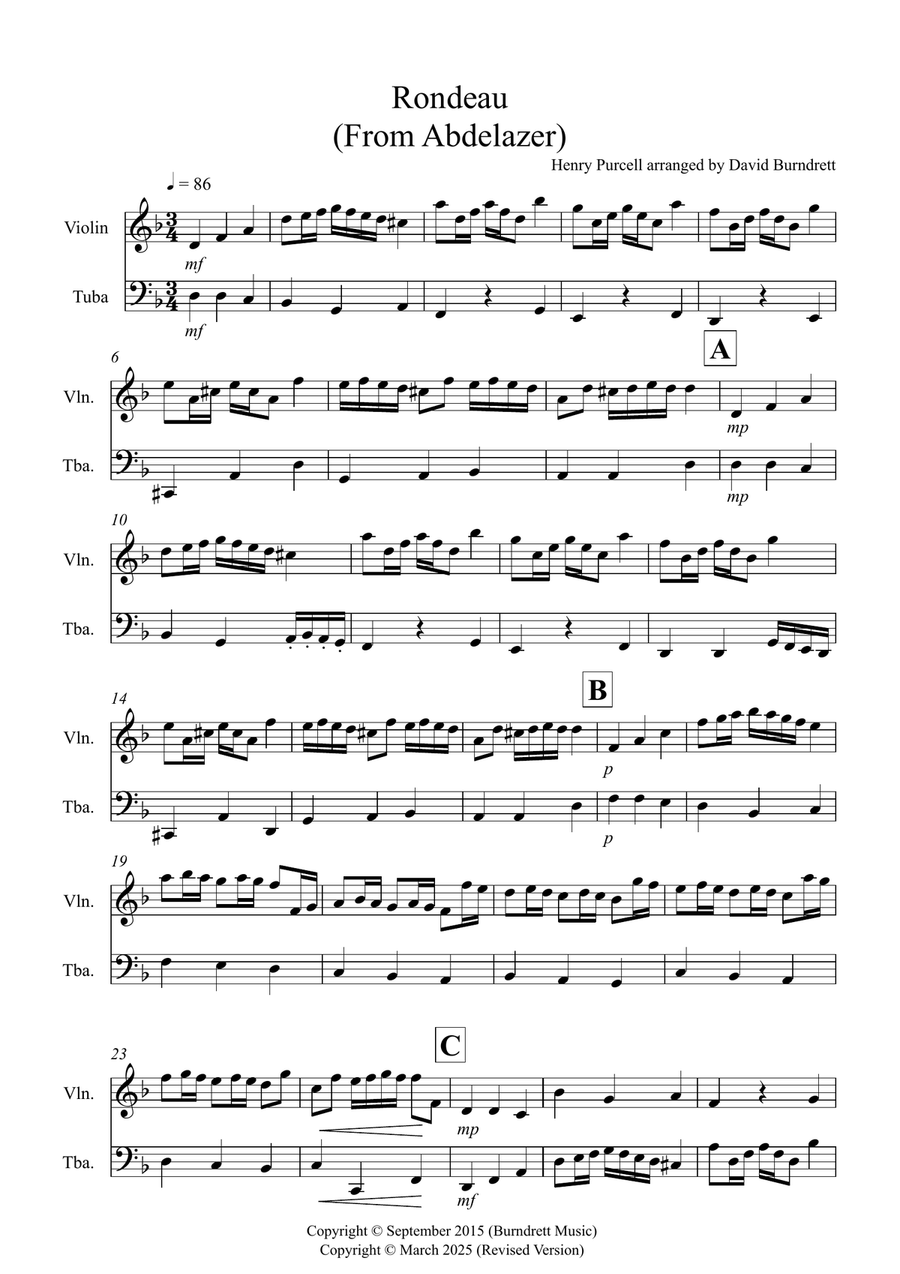 Rondeau (from Abdelazer) for Violin and Tuba Duet Tuba scores gallery preview page 1