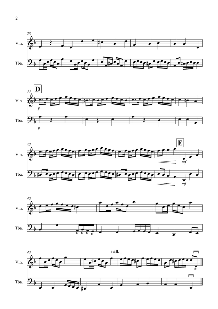 Rondeau (from Abdelazer) for Violin and Tuba Duet Tuba scores gallery preview page 2