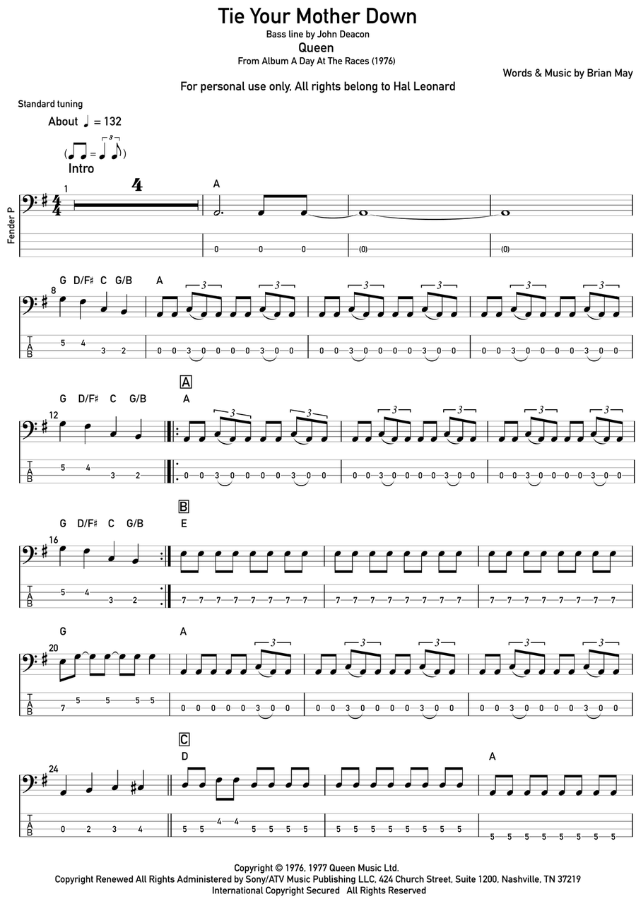 Tie Your Mother Down Bass Guitar Tablature scores gallery preview page 1