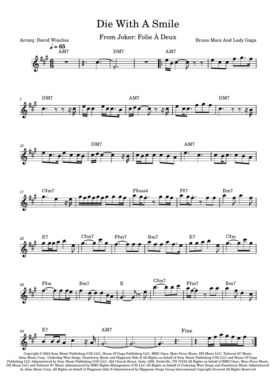 Die With A Smile Die With A Smile Violin Solo scores gallery preview page 1