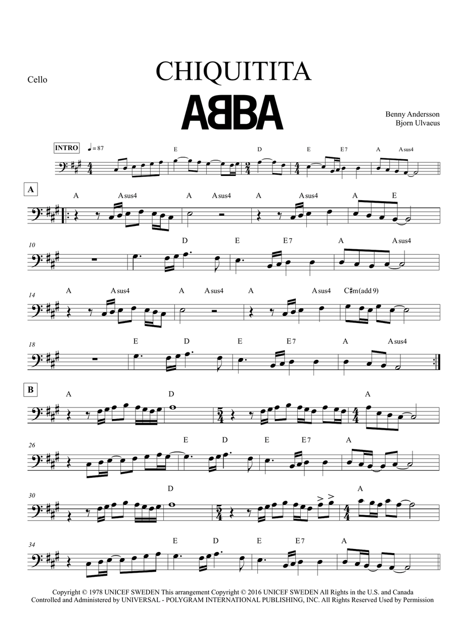 Chiquitita Cello Solo scores gallery preview page 1