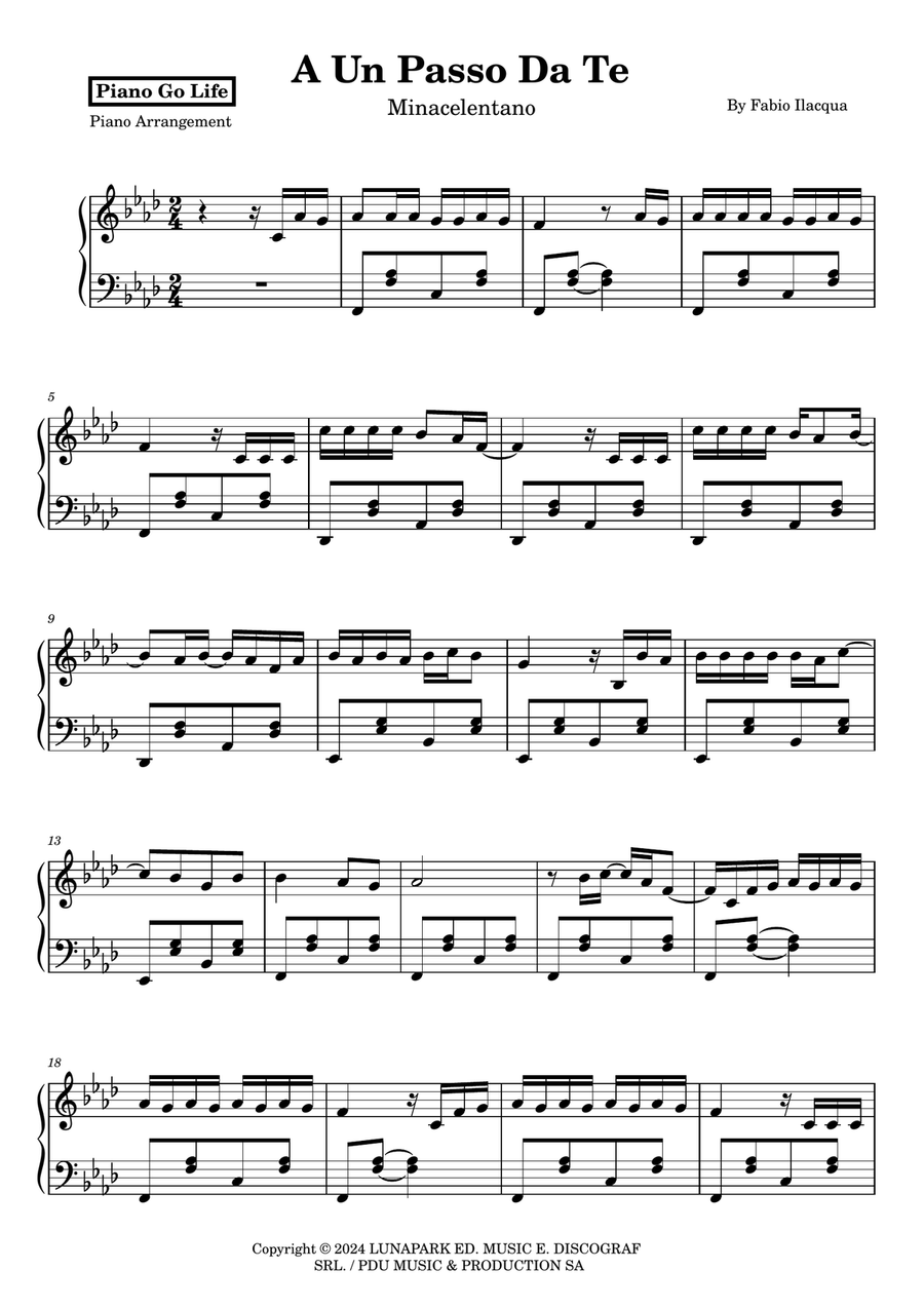 A Un Passo Da Te A Un Passo Da Te Piano Solo scores gallery preview page 1