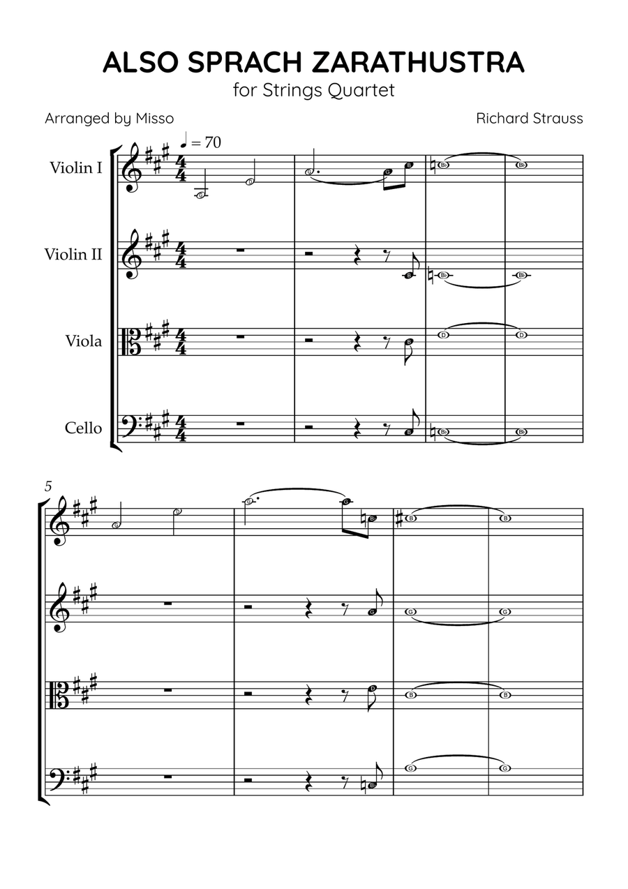 Also Sprach Zarathustra - String Quartet in A Major - Letter Names - Sheet Music String Quartet scores gallery preview page 1