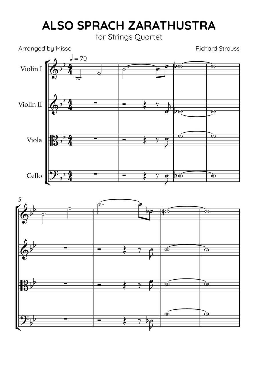 Also Sprach Zarathustra- String Quartet in Bb Major - Letter Names - Sheet Music String Quartet scores gallery preview page 1