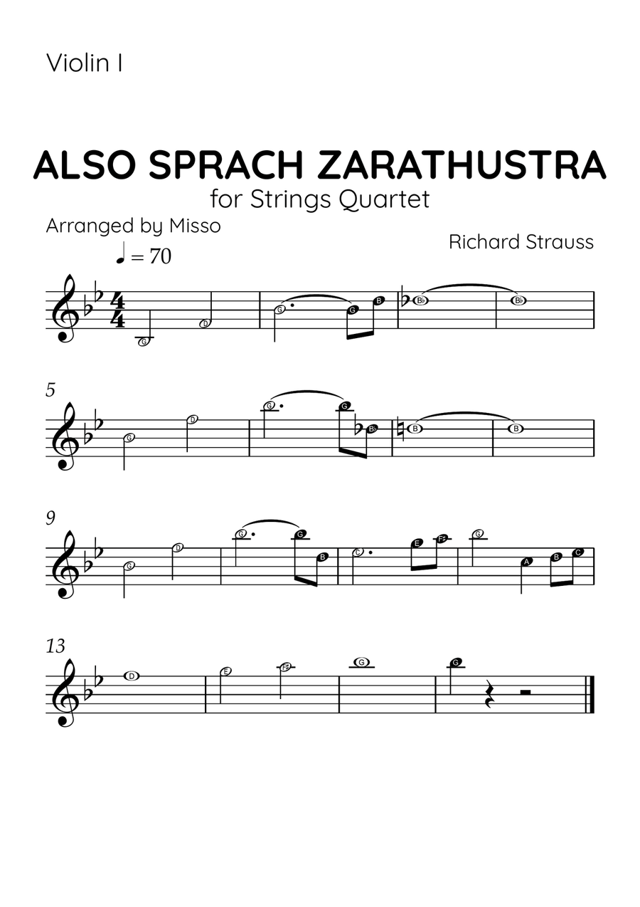 Also Sprach Zarathustra- String Quartet in Bb Major - Letter Names - Sheet Music String Quartet scores gallery preview page 3
