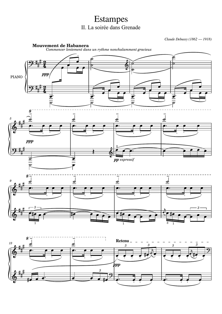 Claude Debussy - Estampes II. La soirée dans Grenade L.100 - for Piano Solo With Fingered Original Piano Solo scores gallery preview page 1