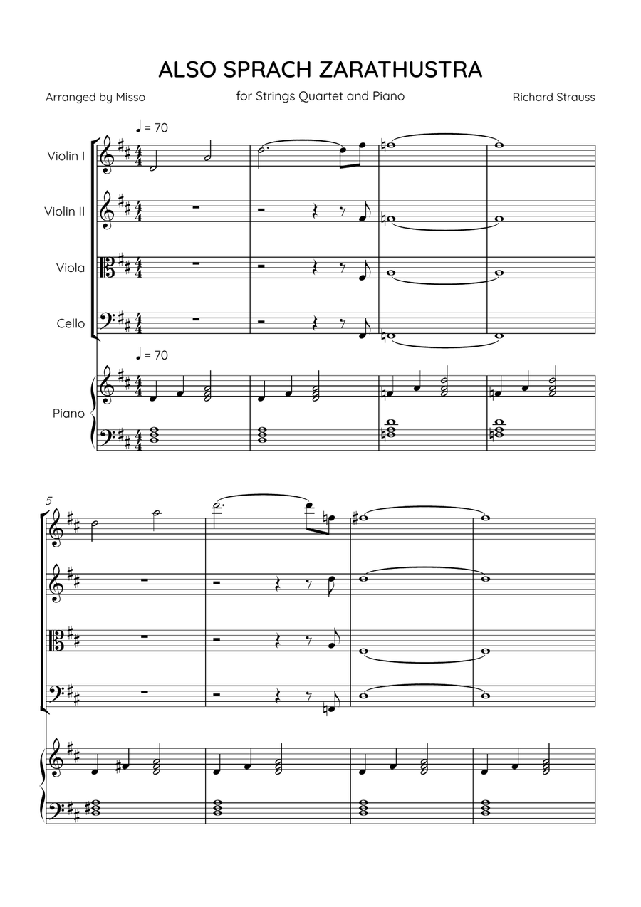 Also Sprach Zarathustra - String Quartet and Piano in D Major - Beginner Level - Sheet Music Piano Quartet scores gallery preview page 1