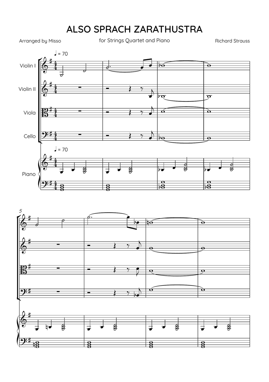Also Sprach Zarathustra - String Quartet and Piano in G Major - Beginner Level - Sheet Music Piano Quartet scores gallery preview page 1