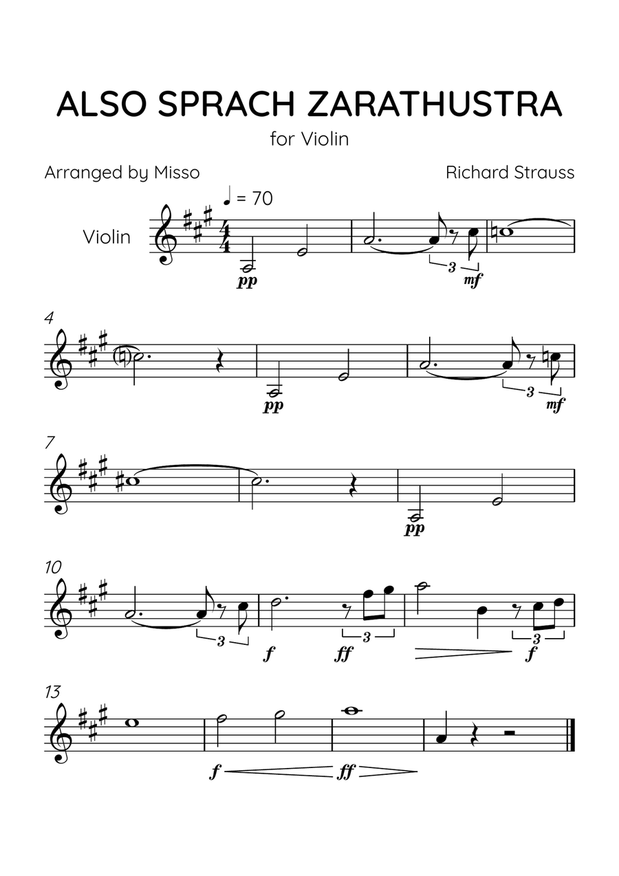 Also Sprach Zarathustra- Violin Solo in A Major - Advanced Level - Sheet Music Violin Solo scores gallery preview page 1
