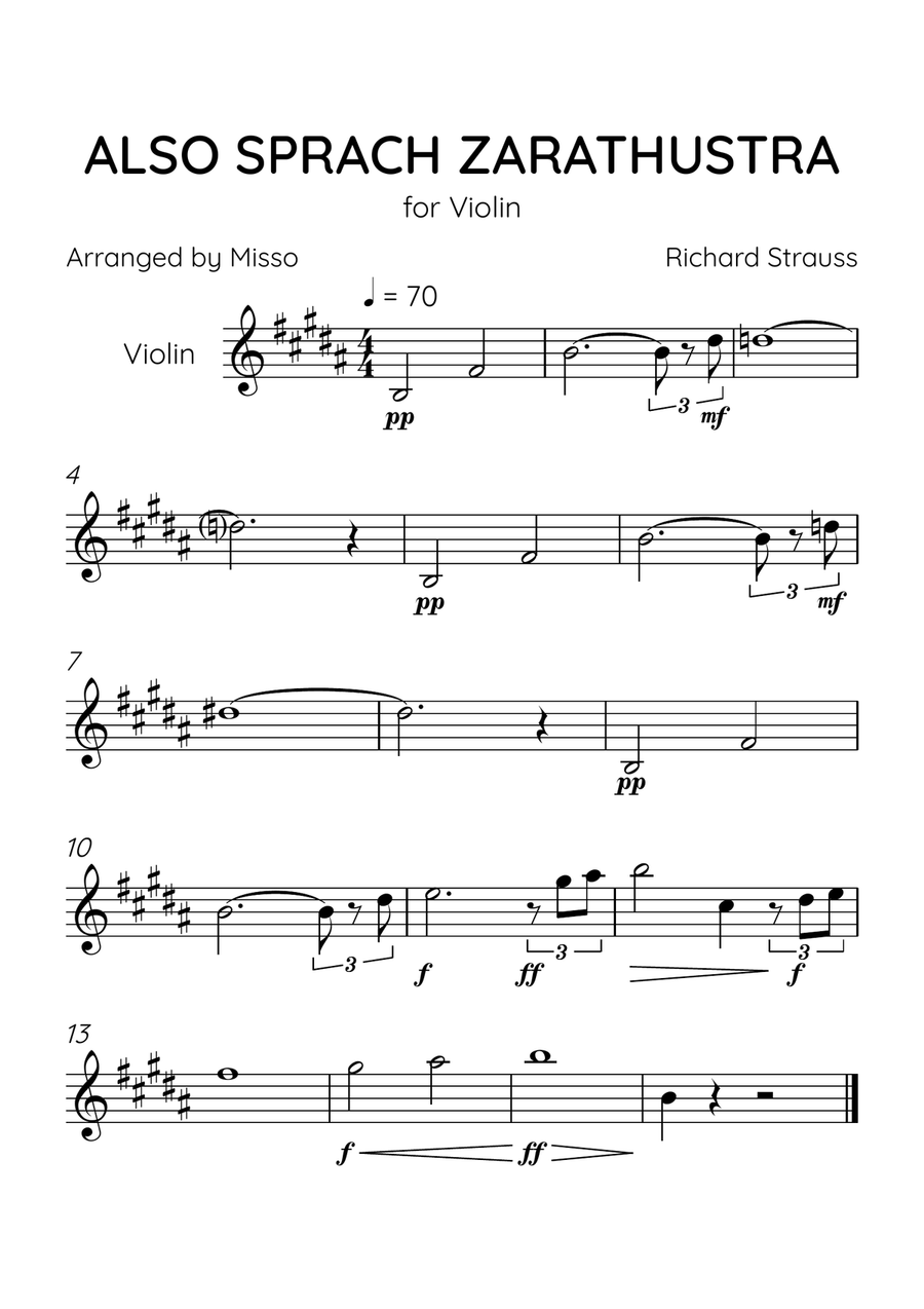 Also Sprach Zarathustra - Violin Solo in B Major - Advanced Level - Sheet Music Violin Solo scores gallery preview page 1