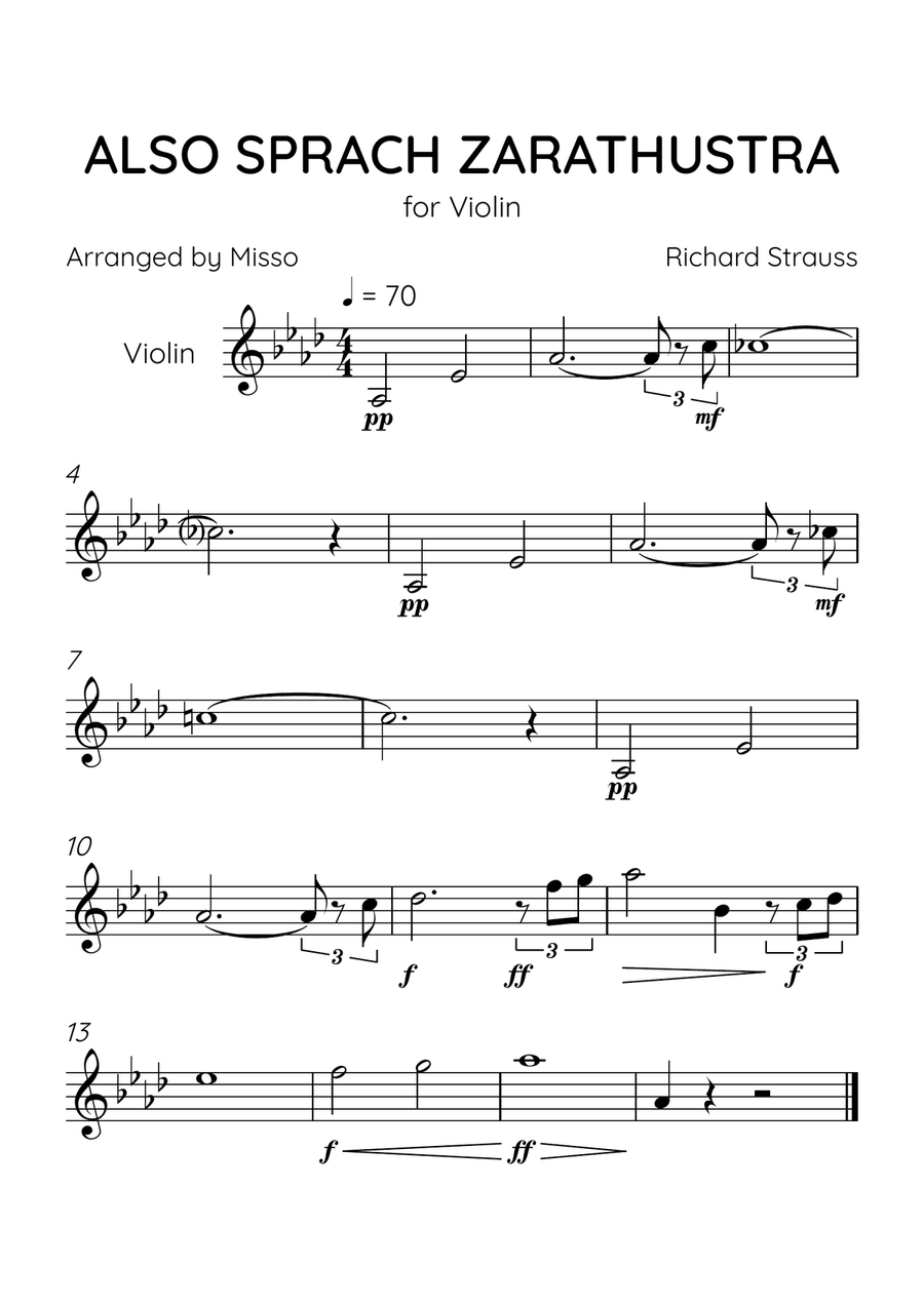 Also Sprach Zarathustra - Violin Solo in Ab Major - Advanced Level - Sheet Music Violin Solo scores gallery preview page 1