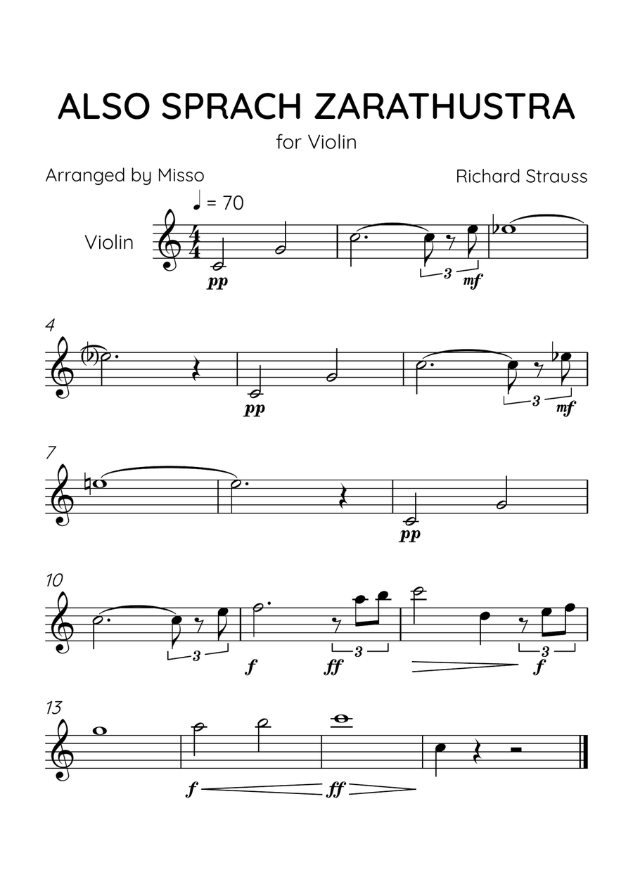 Also Sprach Zarathustra - Violin Solo in C Major - Advanced Level - Sheet Music Violin Solo scores gallery preview page 1