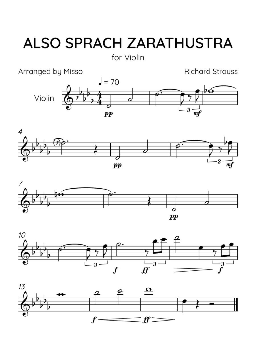 Also Sprach Zarathustra - Violin Solo in Db Major - Advanced Level - Sheet Music Violin Solo scores gallery preview page 1