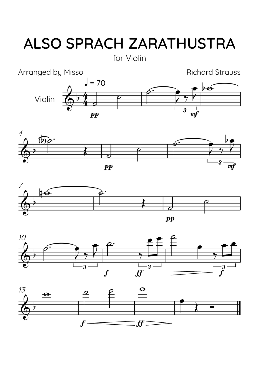 Also Sprach Zarathustra - Violin Solo in F Major - Advanced Level - Sheet Music Violin Solo scores gallery preview page 1