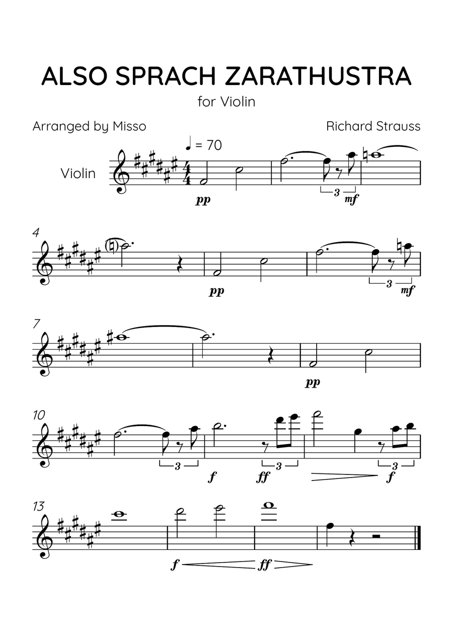 Also Sprach Zarathustra - Violin Solo in F# Major - Advanced Level - Sheet Music Violin Solo scores gallery preview page 1
