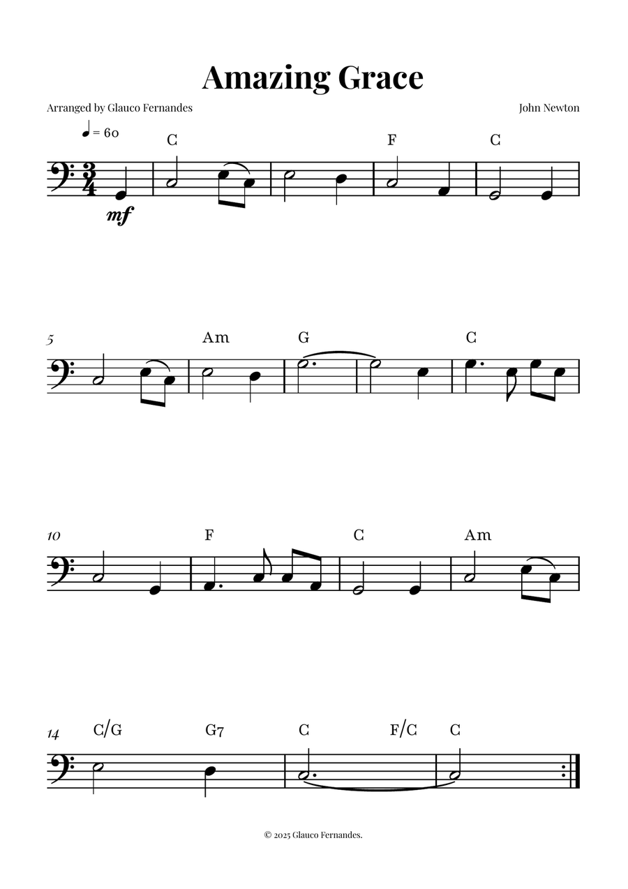 Title Amazing Grace - BASS CLEF INSTRUMENTS (Easy Sheet Music) Bass Clef Instrument scores gallery preview page 1