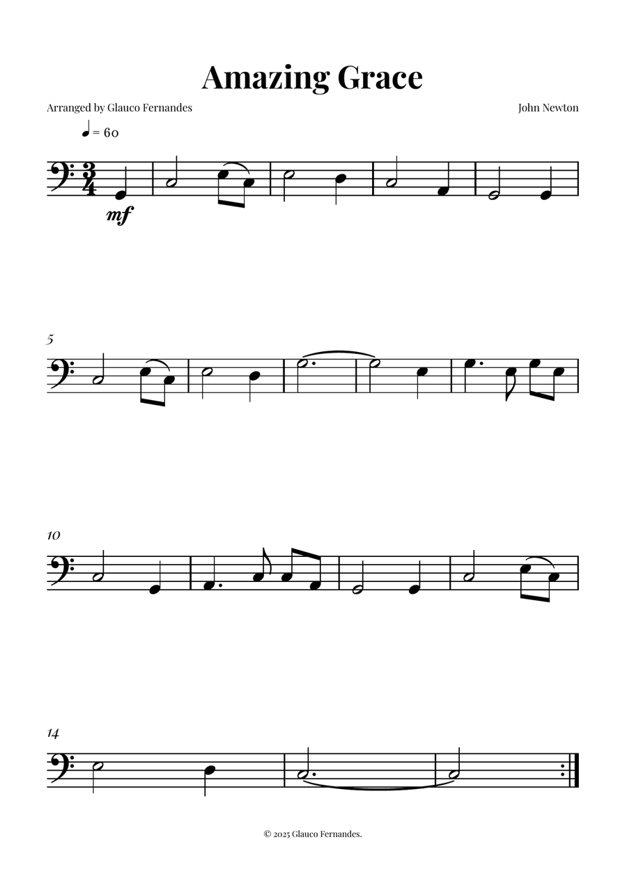 Title Amazing Grace - BASS CLEF INSTRUMENTS (Easy Sheet Music) Bass Clef Instrument scores gallery preview page 1