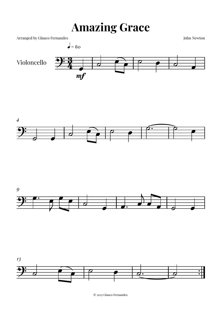 Title Amazing Grace - CELLO SOLO (Easy Sheet Music) Cello Solo scores gallery preview page 1