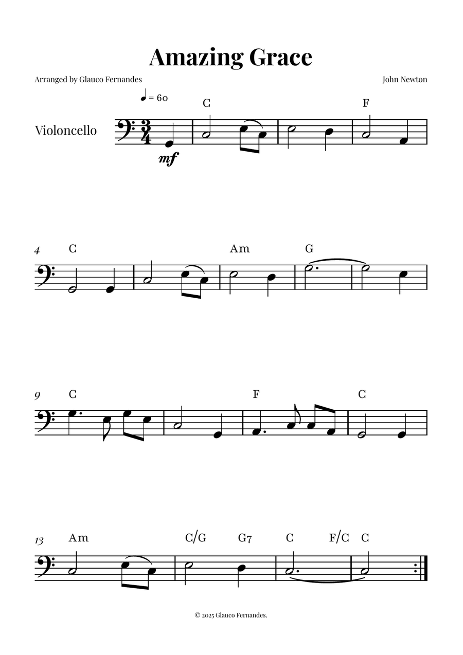 Title Amazing Grace - CELLO SOLO (Easy Sheet Music) Cello Solo scores gallery preview page 1