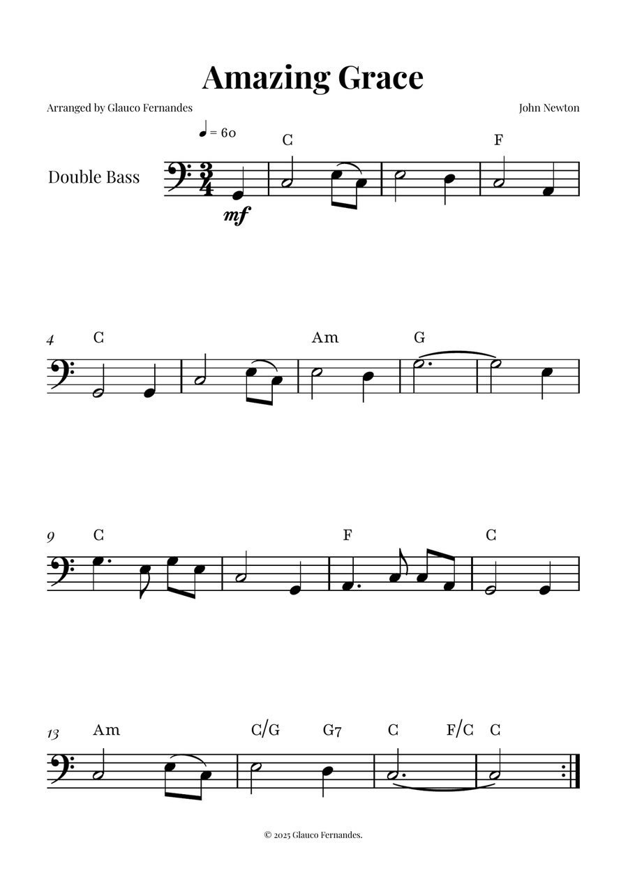 Title Amazing Grace - DOUBLE BASS SOLO (Easy Sheet Music) Double Bass scores gallery preview page 1