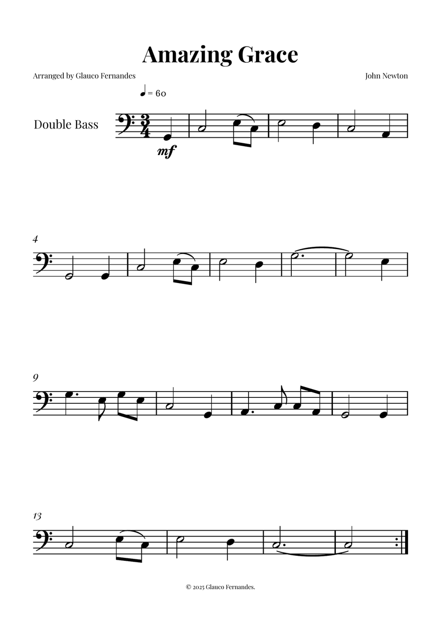 Title Amazing Grace - DOUBLE BASS SOLO (Easy Sheet Music) Double Bass scores gallery preview page 1