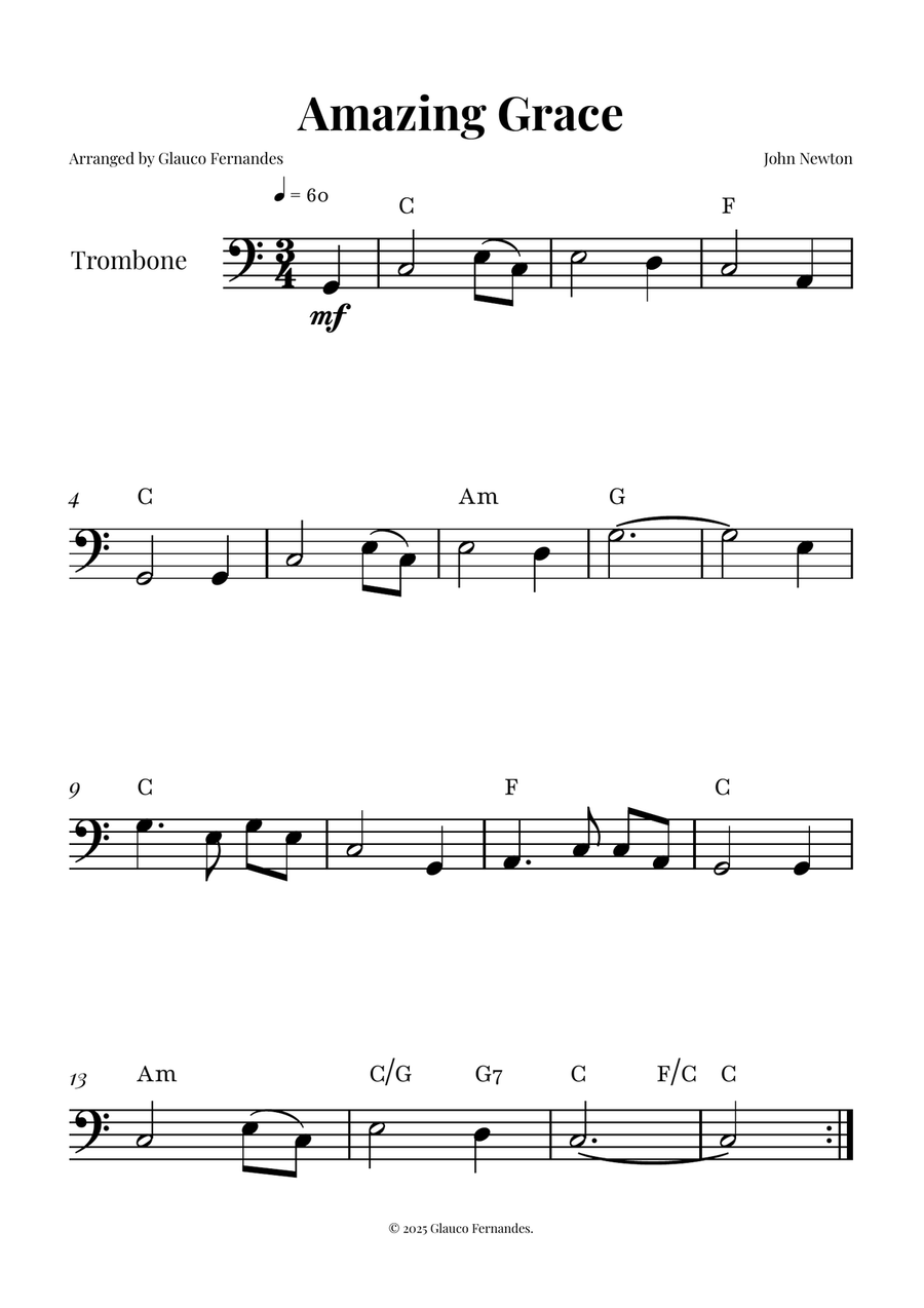 Title Amazing Grace - TROMBONE SOLO (Easy Sheet Music) Cello Solo scores gallery preview page 1