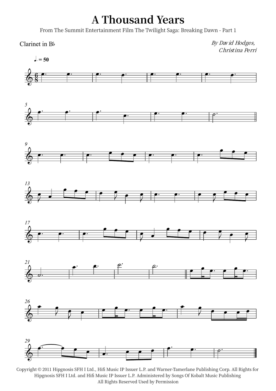 A Thousand Years B-Flat Clarinet scores gallery preview page 1